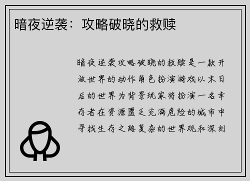 暗夜逆袭：攻略破晓的救赎